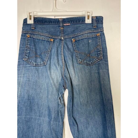 Vintage Red Snap Flare Jeans 1970s High Waist Wide Leg Bell Bottom Jeans Size 6 - Picture 5 of 16
